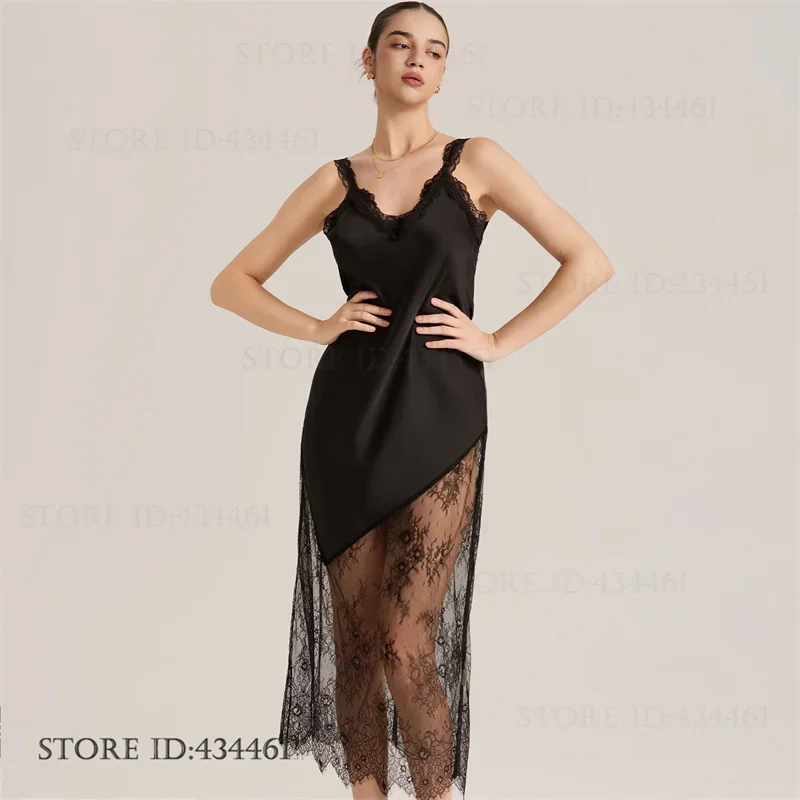 

New Female Long Nightgown Lingerie Sexy Patchwork Black Lace Nightdress Sleepwear Loose Casual Ice Silk Homewear Loungewear