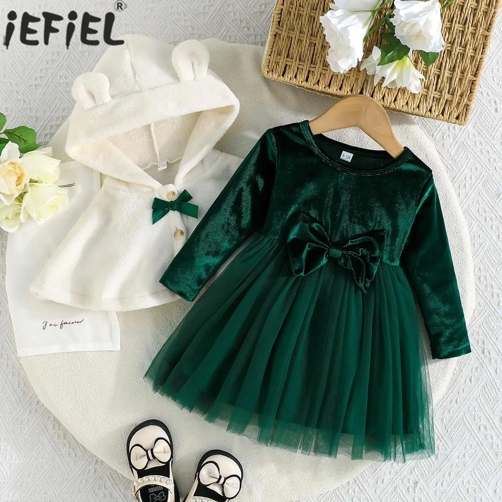 

Зимний теплый флисовый плащ с капюшоном для маленьких девочек и бархатное тюлевое платье принцессы с длинными рукавами и бантом для рождественской вечеринки