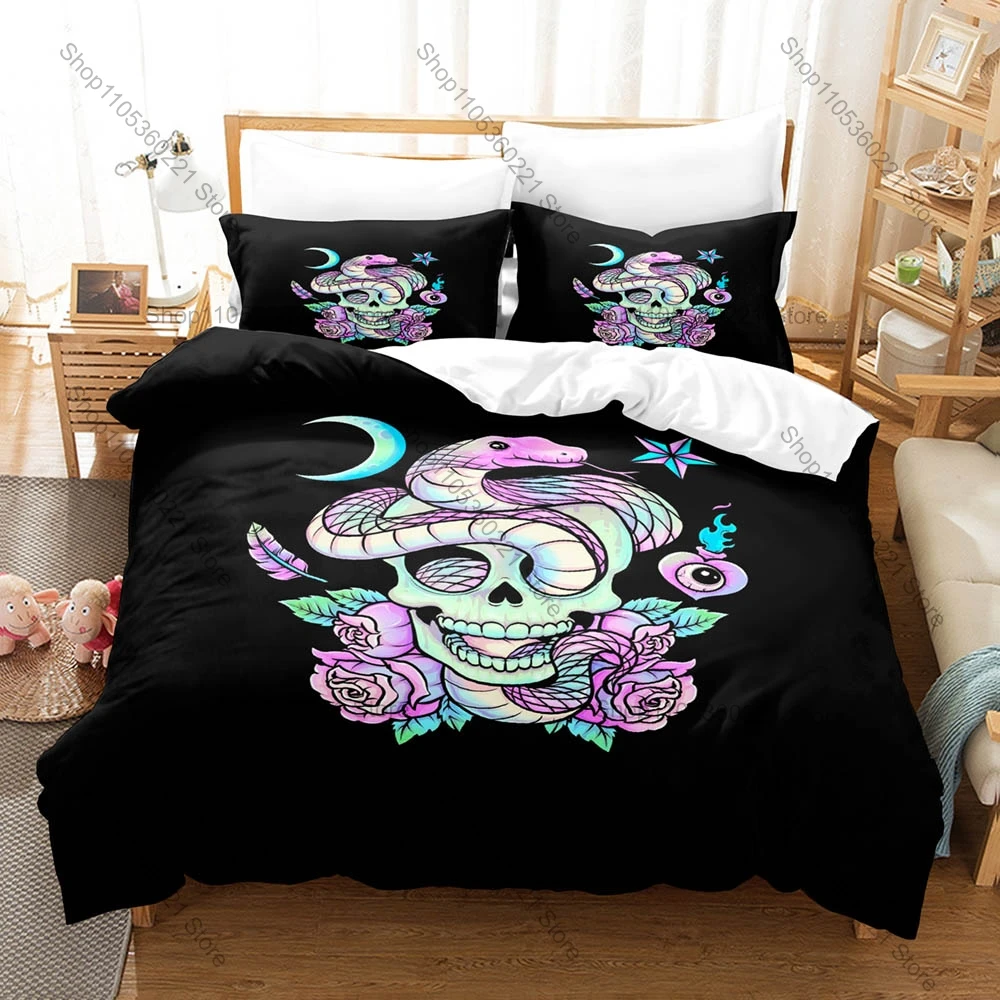 Cool Dreamy Pastel Tone Witchy Cat Skull Collage Cute Spooky Gothic Art Bedding Set 1 Duvet Cover + 2 Pillowcases Alternative St