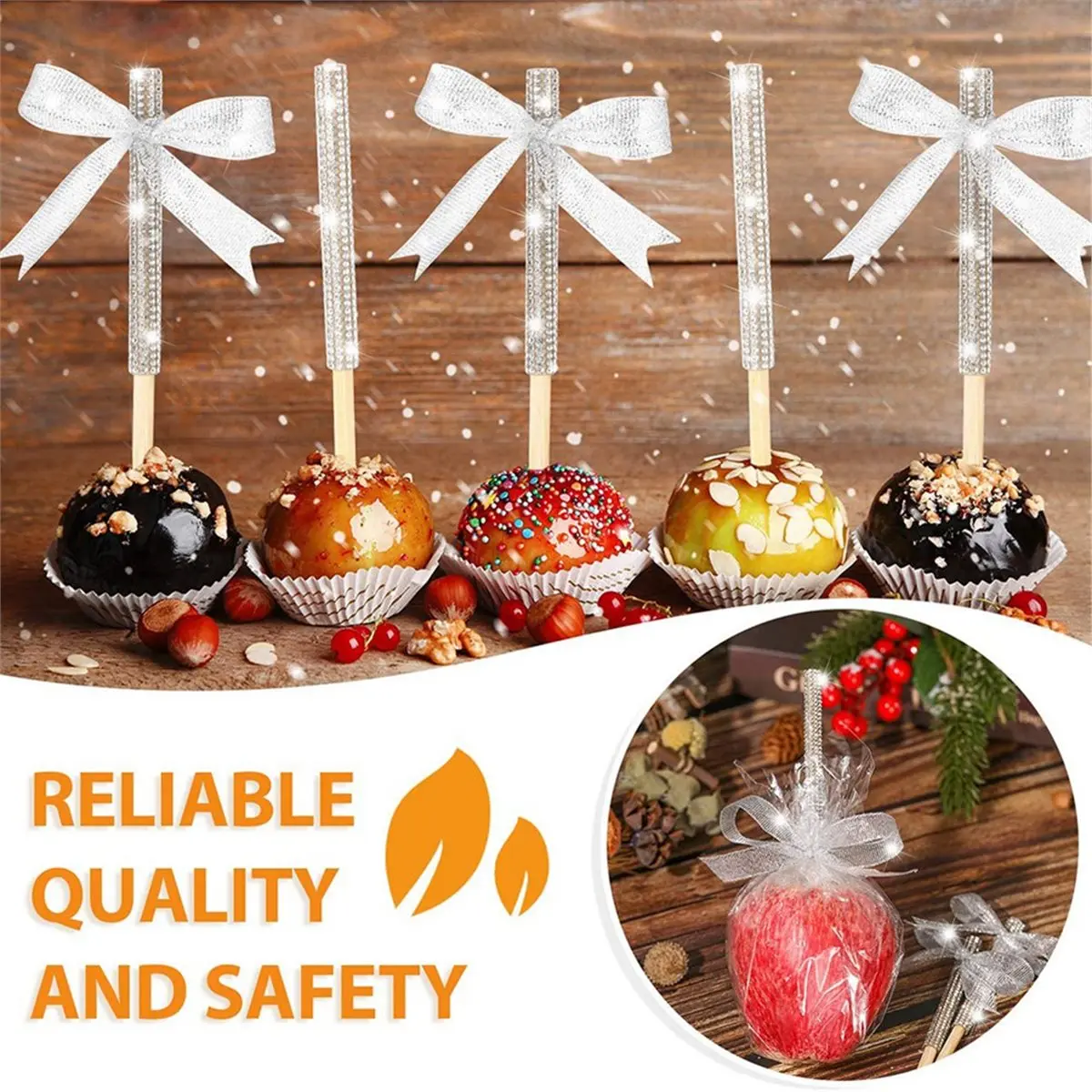 Oct Sale 72Pack Candy Apple Caramel Apple Sticks and Bags, Silver Glitter Ribbon Caramel Apple Making Kit