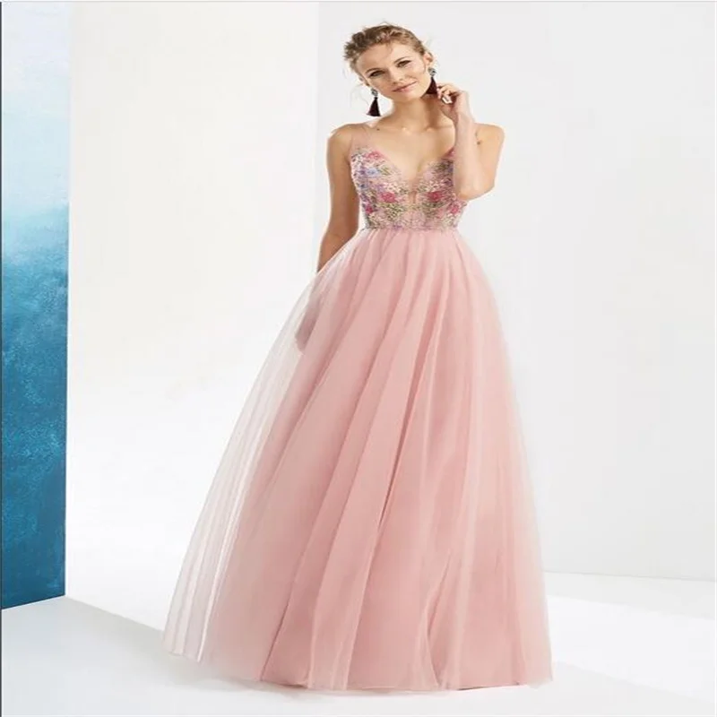 

Pretty A Line Evening Dress with Colorfull Lace Luxury Bead Formal Prom Dresses Floor Lenght V-Neck for Women Wedding Party L28