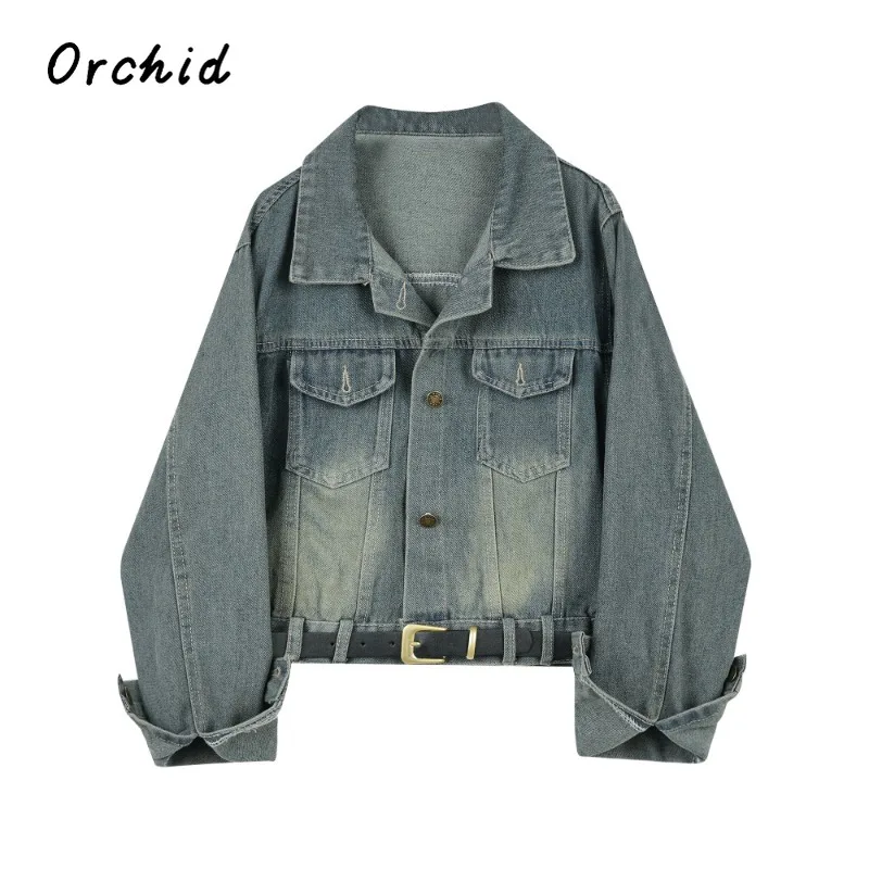 

2023 Korean Style Fashion Lapel Belted Decorate Cropped Jacket Women High Street Harajuku Single Breasted Flap Pocket Denim Coat