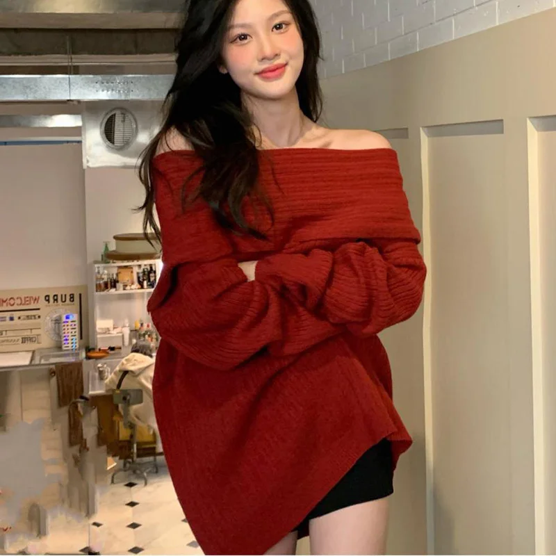 

Sexy Solid O Neck Ribbed Sweater Women Fashion Off Shoulder Long Sleeve Knitted Pullover Autumn Lady Chic Street Knitwear Tops