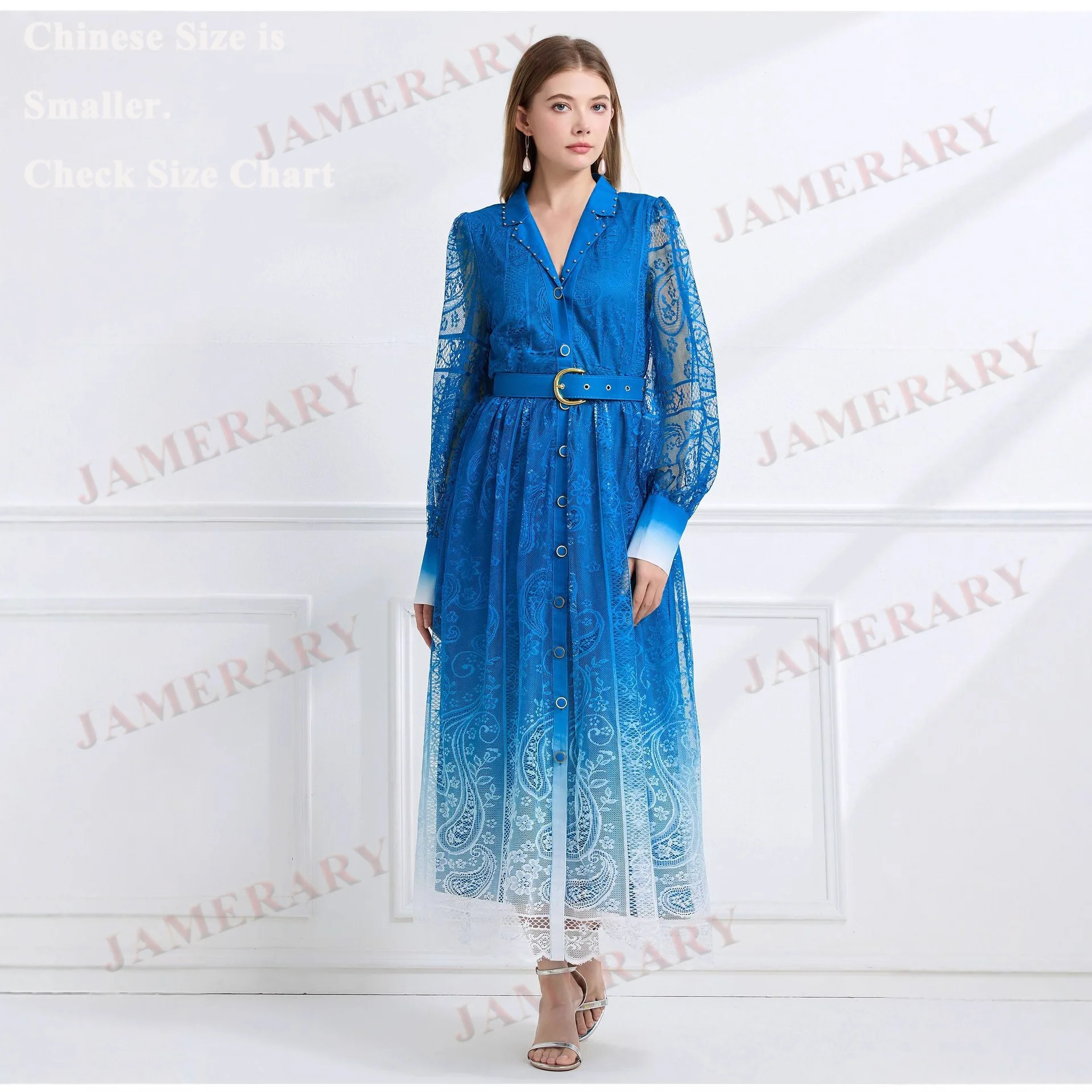 エレガントな秋のロングスリーブ花柄マキシドレスシャツ、女性用、透かし彫り刺繍レースドレス、パーティーブランド