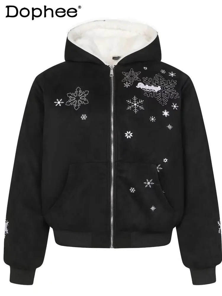 

American High Street Fashion Trend Letter Embroidery Fur Collar Hooded Cotton Jacket Unisex Fleece Lined Thickened Warm Coat