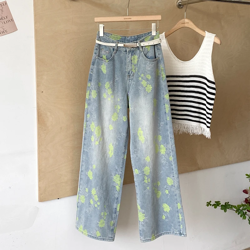 American Retro Print Straight Denim Pants Women's Versatile High Waist Loose Wide Leg Jeans Spring Summer Casual Trousers