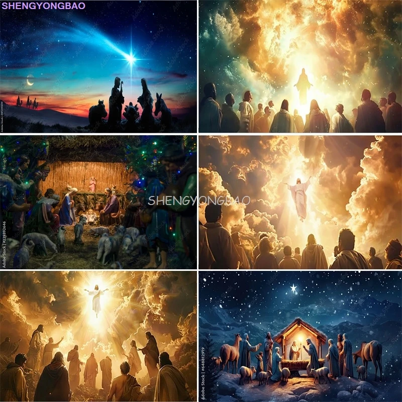 

Manger Nativity Scene Background Mary Joseph Baby Jesus in a Rustic Sunset Shepherds Prayer Faith Photography Backdrops JU-02