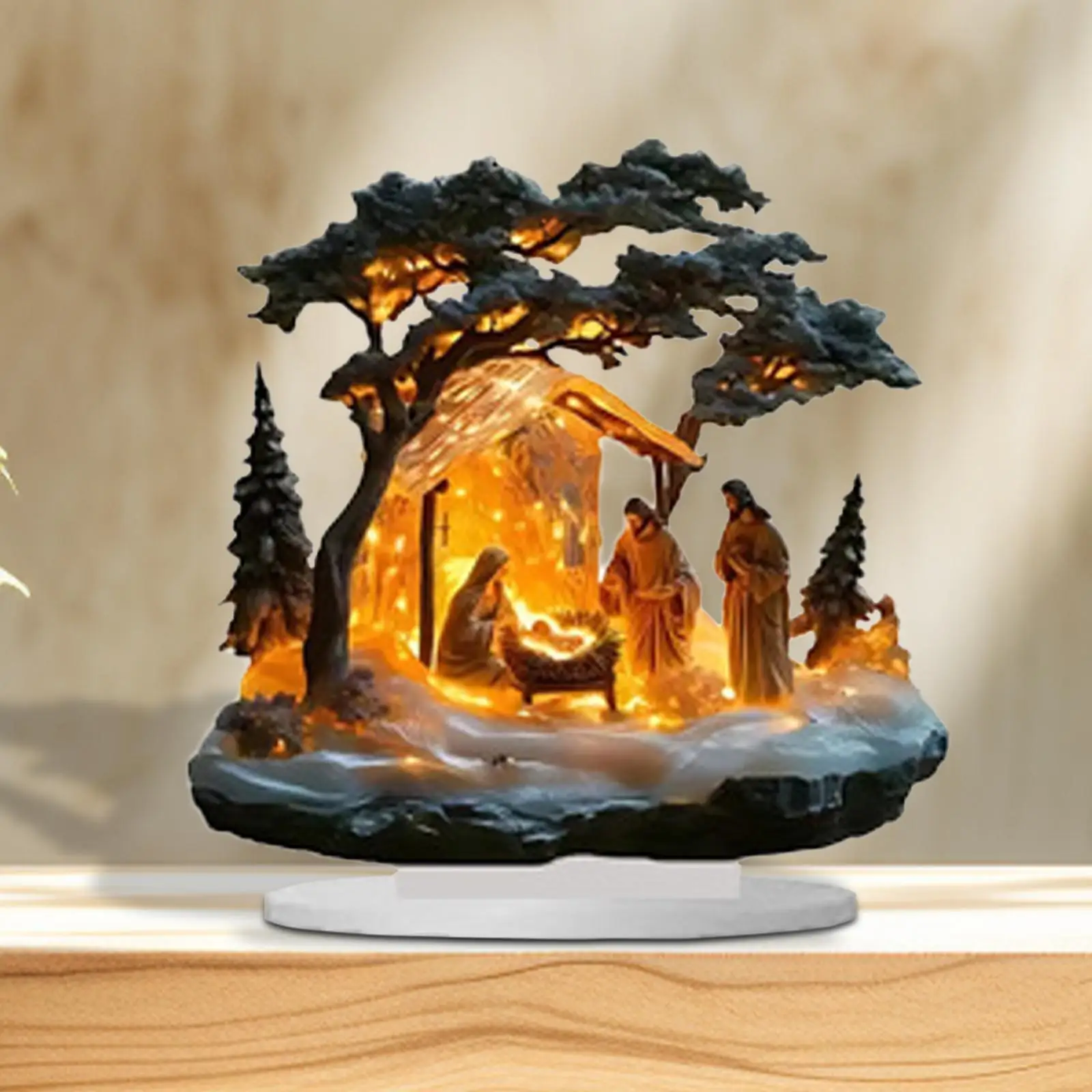 Adorno de escena de Natividad de alta calidad, nacimiento de Jesús con estatuilla de escena brillante, colección navideña para mesa del hogar, decoración de fiesta de Navidad