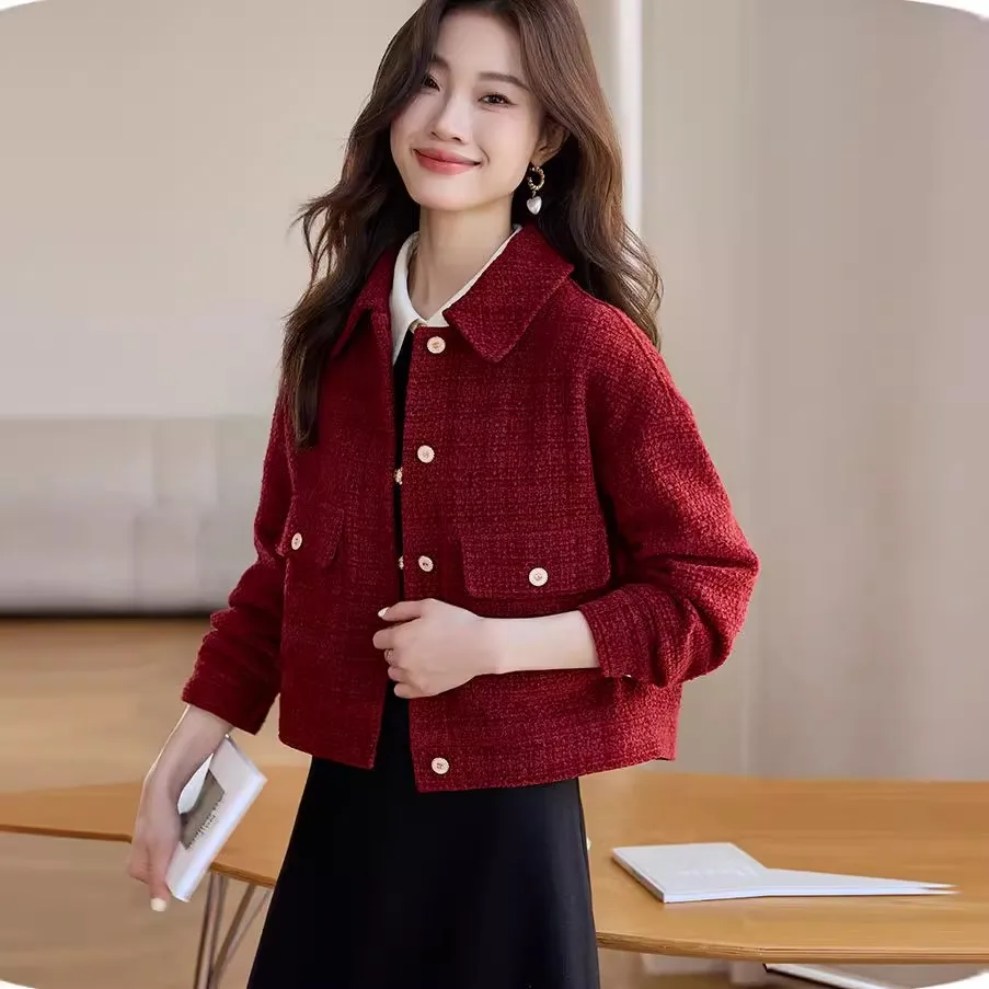 Exquisite Red Fragrant Women\'s Short Coat 2023 Autumn/Winter New Retro Casual Jacket