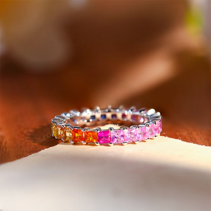 KEEP YES Rainbow Gradient Color Princess Cut 2.5*5.5mm Lab Grown Gemstone Synthetic Sapphire Ring for Women 925 Sterling Silver