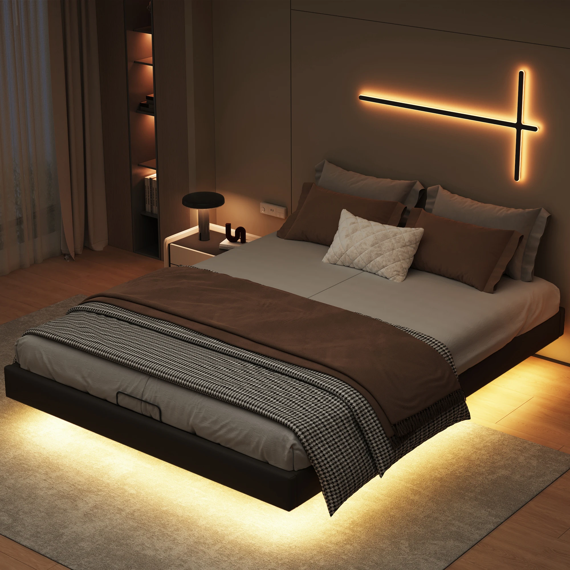 Struttura letto con sistema di sollevamento a gas e vano contenitore, senza testiera, con striscia luminosa a LED da posizionare sotto il letto, dimensioni 160x200 cm, letto funzionale con vano