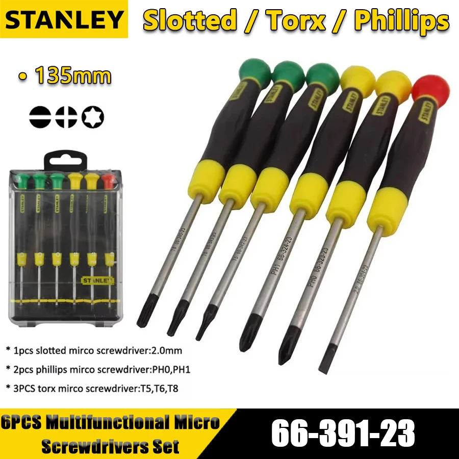 

STANLEY 66-391-23 135MM 6PCS Multifunctional Micro Screwdriver Set for Slotted,Torx,Phillips Precision Screwdrivers Hand Tools
