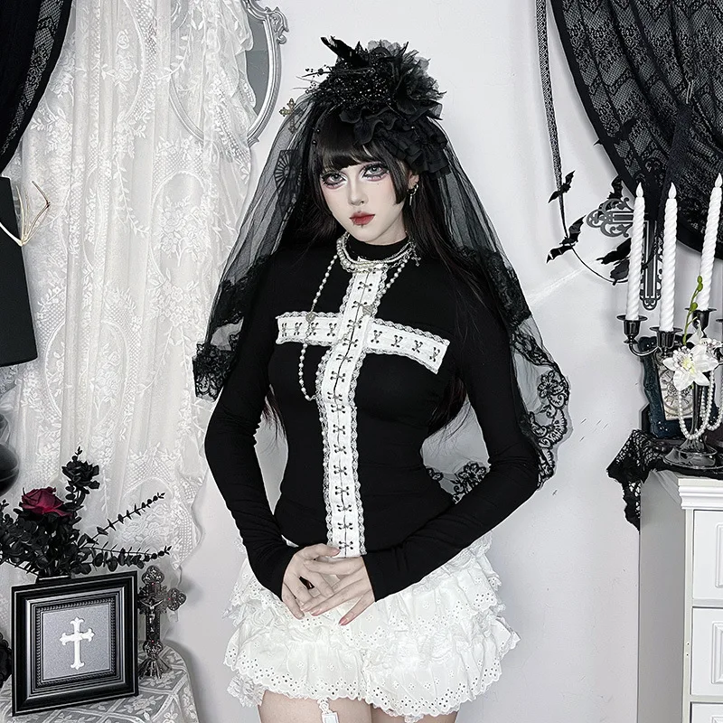 

Gothic Bla Cross Slim Fit Top with Lace Trimming ort Sle for loween Hot Girl k Sle Cotton Polyester T-irt