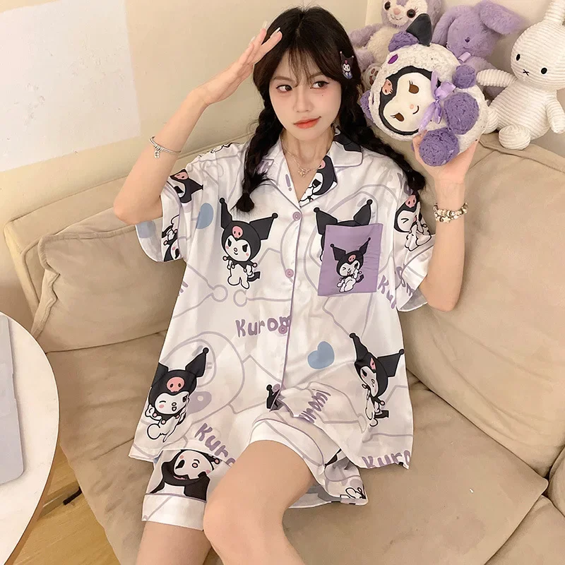 Sanrio New Clow M Pajamas Ice Silk Satin Casual and Lightweight Breathable with Chest Pad Please Cool Homewear Suits Pajamas