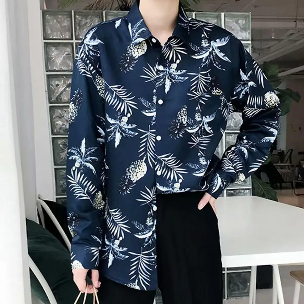 Revers Langarm Einreiher Patch Tasche Männer Shirt Frühling Herbst Kokosnuss baum Druck Hawaii Shirt Top Kleidungs stück