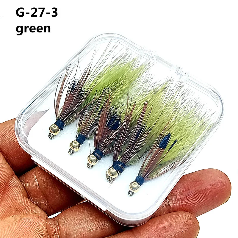 5 pz Woolly Bugger Stelle filanti Esche da pesca a mosca Testa di perline in ottone Nero/Marrone oliva Nappa - Trota Salmone Trota Pesce persico pesca a mosca