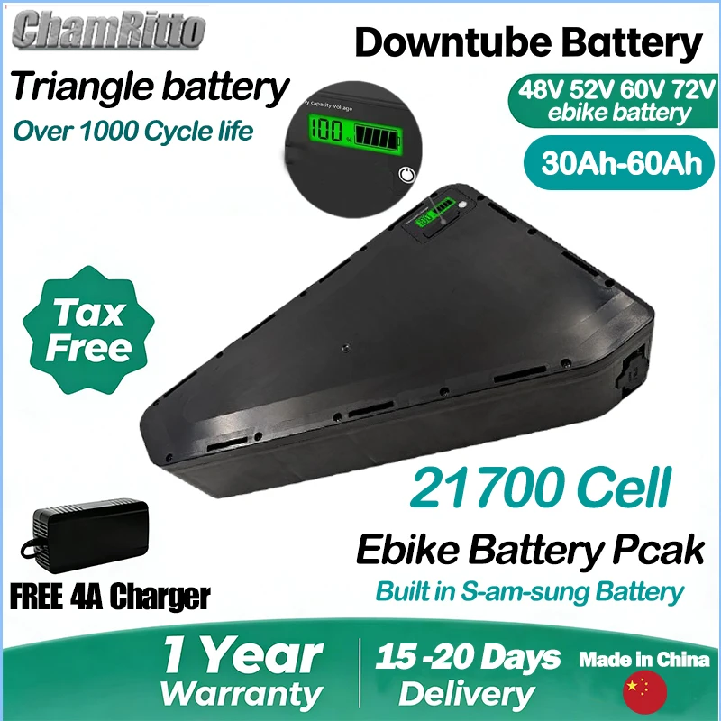 

Аккумулятор для электровелосипеда 36В 48В 52В, треугольный, 60В 72В, 30Ач 40Ач 50Ач 60Ач, литиевая батарея 21700, 84В 3000Вт, высокомощный