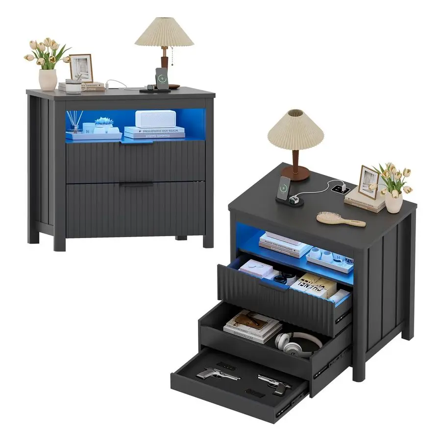 Conjunto de mesa de cabeceira de 23,6 polegadas 2 com gaveta de arma para quarto, mesinhas de cabeceira cinza com compartimento oculto, iluminação LED automática, carregamento St