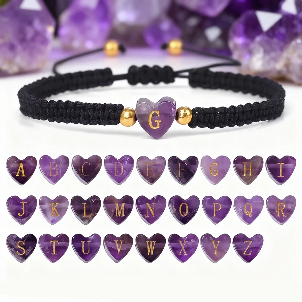 26 Letters Heart Amethysts Beads Bracelet Handmade A-Z Name Initial Braided Bracelets for Women Men Friendship Jewelry Gifts