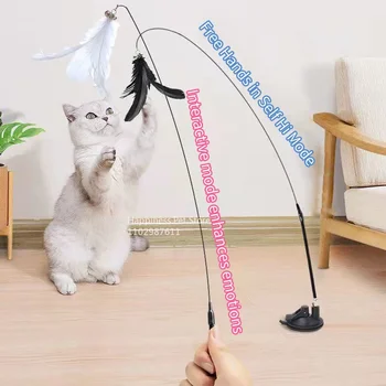 Cat Toy Cat Teaser Stick With Bell Extended Rod Suction Cup Self High And Durable Bite Teaser Tool Replaceable Feather Head 3