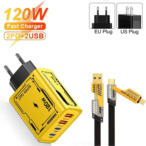 120W USB 충전기 유형 C 휴대 전화 어댑터 빠른 충전 3.0 EU/US 플러그 벽 충전기 iPhone Samsung 용 6A 고속 충전 케이블