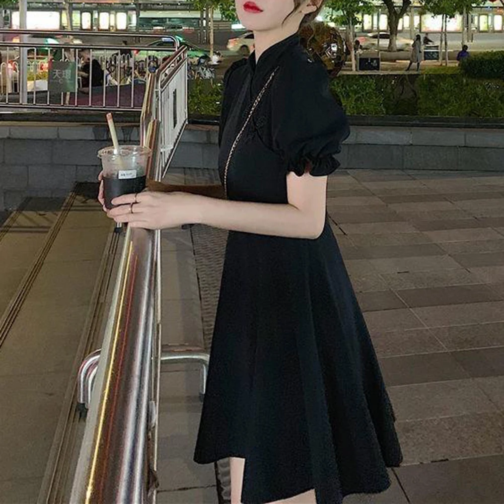 Vestido feminino vestido diário férias primavera feminino estilo chinês elegante mini sem elasticidade poliéster puff manga