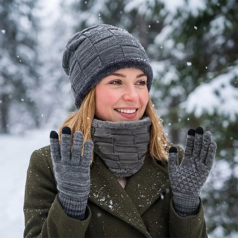 3Pcs/Set Warm Winter Hat Scarf Gloves Set Thicken Lining Scarf Neck Warmer Suit Elastic Windproof Knit Beanie Snood Set