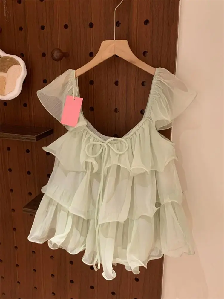 Korean Style Ins Wind Women's Summer New Beautiful Top Self Atmosphere Sense Lace Trim Fly Sleeve Chiffon Small Shirt
