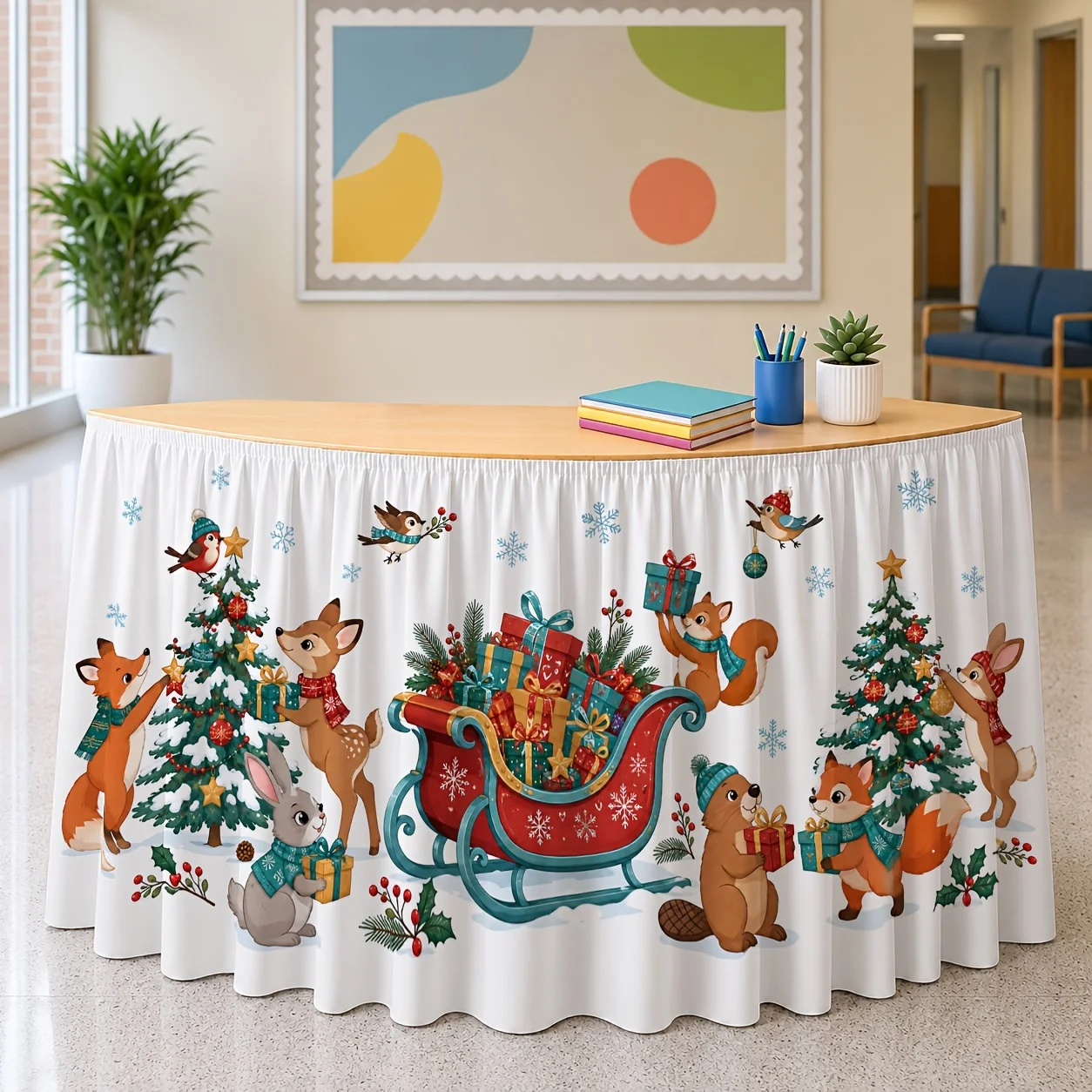 Table skirt/tableskirt Christmas, snow scene, forest, animals, gifts, reindeer, squirrel, rabbit, winter, festivals