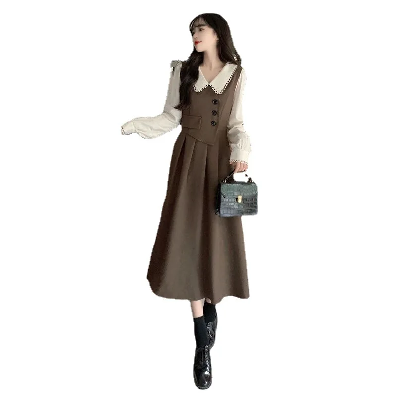 French Vintage Vest Spliced Fake Two Piece Dress Women\'s Long Sleeve Doll Neck Autumn Winter Large Size Temperament Long Dress