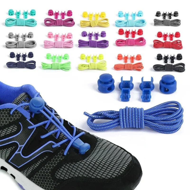 1Pair Round No-Tie Locking Shoelaces Elastic Laces Sneakers Rubber Bands Shoelaces with Buckles Fast Free Tie Shoestring