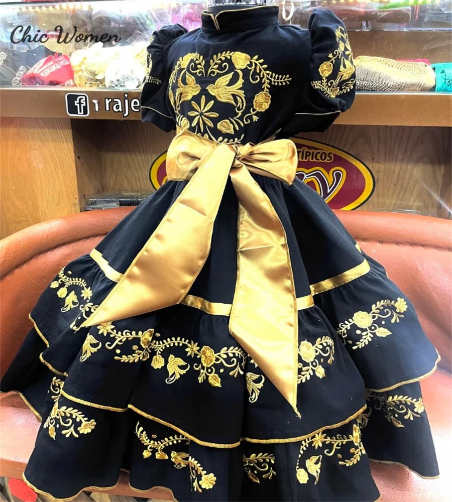 Black And Gold Mexican Flower Girl Dress Embroidery Charro Toddler Short Sleeves Birthday Dress Mariachi Pageant Customized