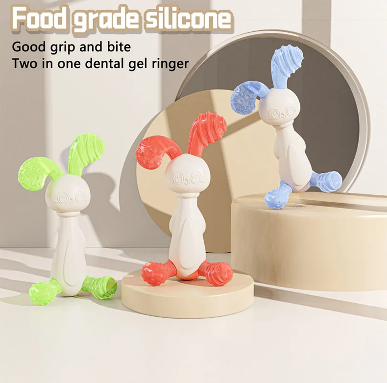 Massaggiagengive per conigli in Silicone sonaglio per bambini frutta per uso alimentare massaggiagengive stick Bite joy giocattolo lenitivo