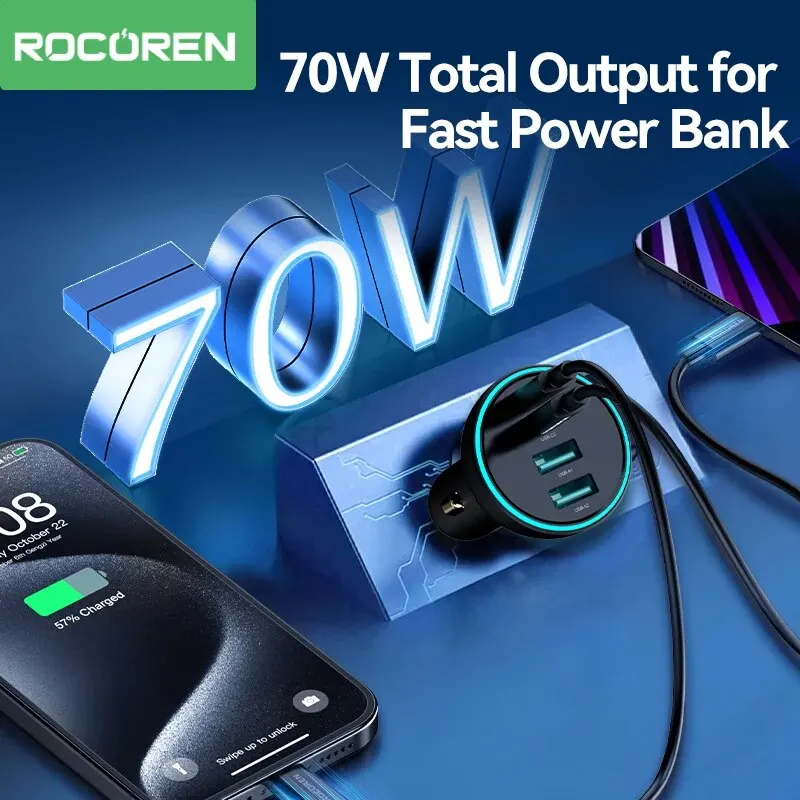 Rocoren 70w auto ladegerät 4 in 1 qc 4,0 pd 3,0 usb typ c pd schnell ladegerät auto schnell ladegerät adapter für iphone 15 pro max samsung