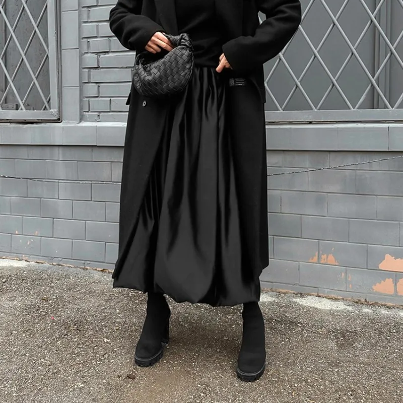 High end satin textured dress, long skirt, high waisted A-line skirt, half skirt, French cross-border elegant