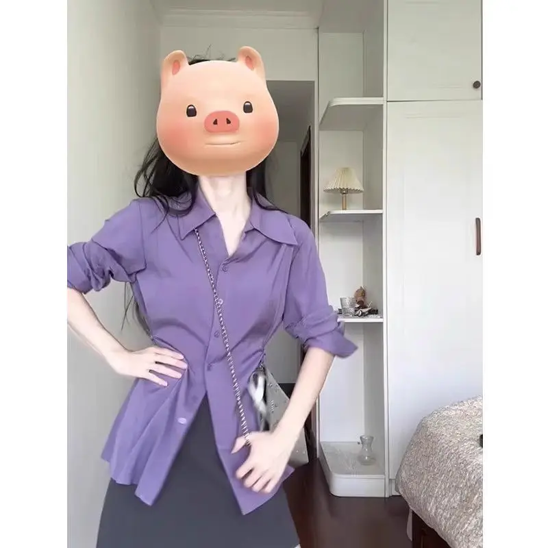 

Корейская женская блузка с длинным рукавом, весенне-осенний дизайн, с утягивающим эффектом на талии, воротником-стойкой, уникальный изысканный топ для ношения под одеждой