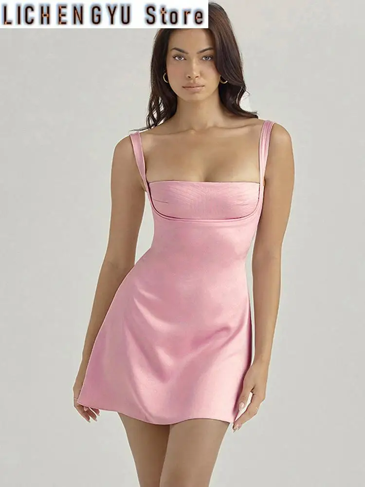 

New Birthday Dress for Women A-Line Pink Dress Sexy Satin Party Dresses Mini Casual Spaghetti Strap Graduation Dress