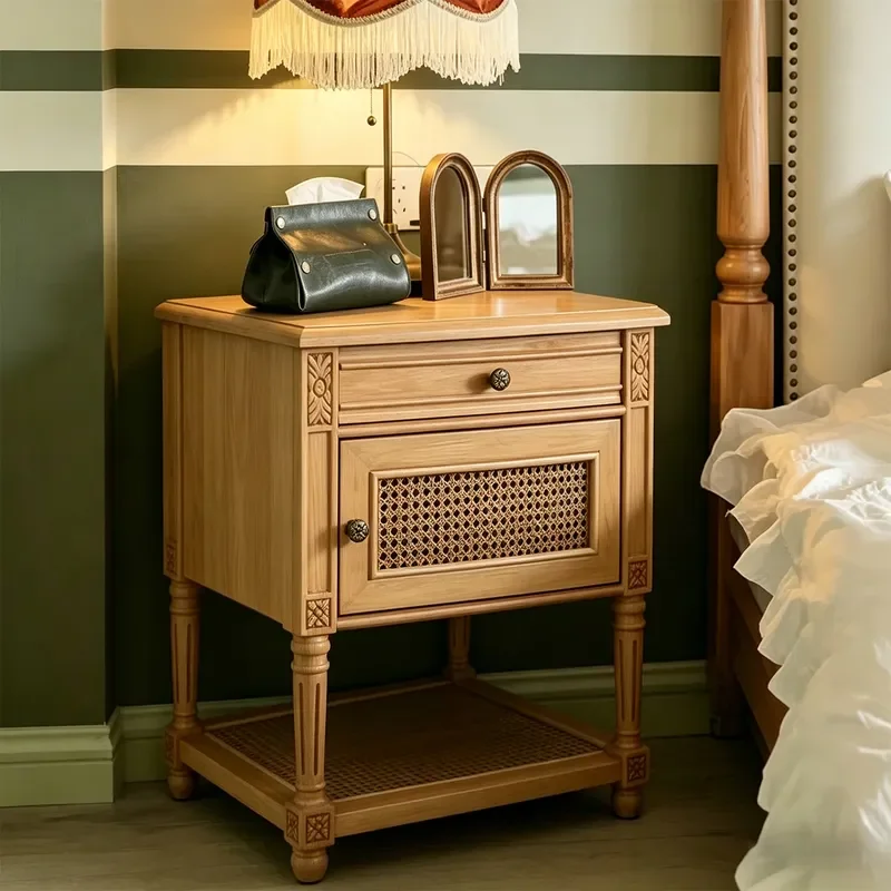 Retro Rattan Art Hepburn Bedside Table Bedroom Storage Cabinet Simple Creative Nightstand for Living Room Corner Locker