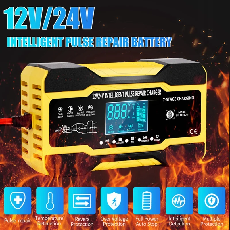 12V 24V Volautomatische Slimme Oplader 10Ahigh Power Draagbare Auto Motorfiets Acculader Voor Batterij Opladen Duurzame Eu Plug