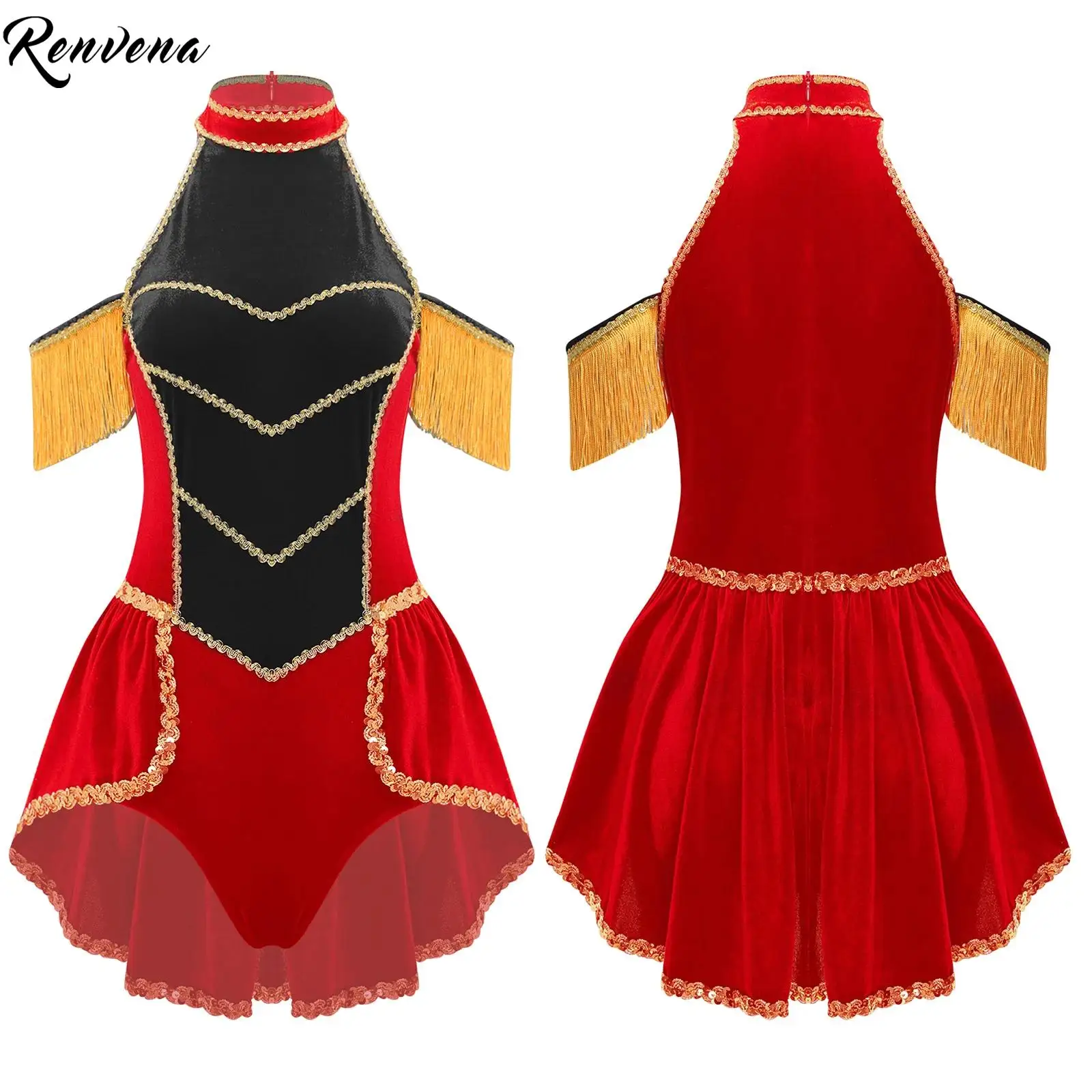 

Цирковой костюм почетной гвардии, боди для косплея для женщин, бархатный комбинезон контрастного цвета с кисточками и ласточкой, вечерние наряды на Хэллоуин