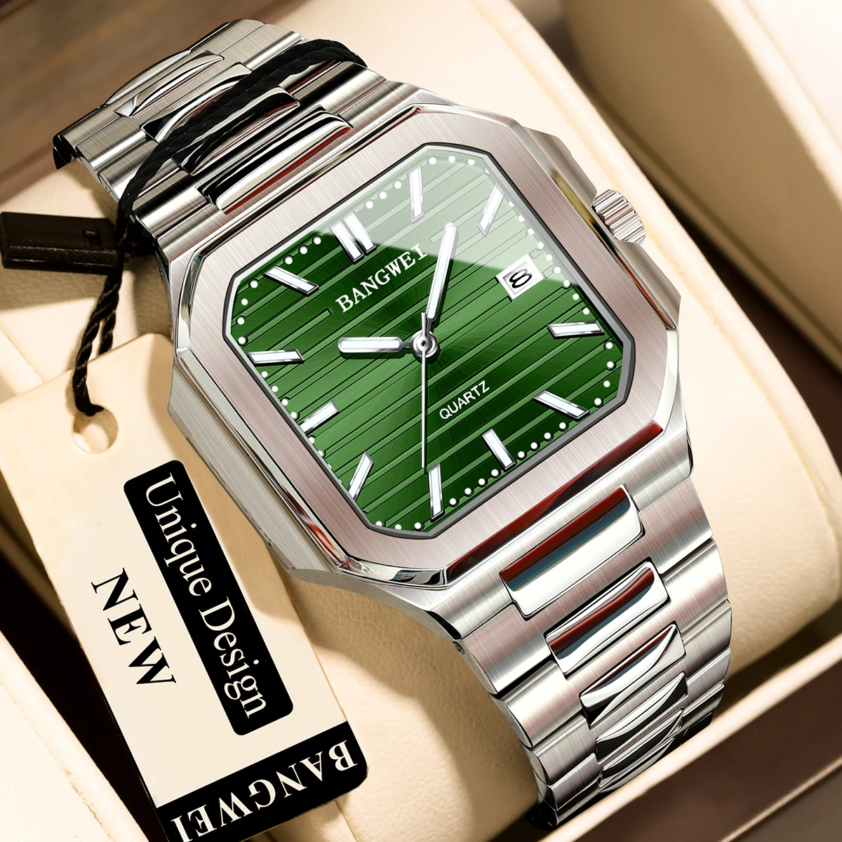 BangWei Men Wristwatch Luxury Waterproof Luminous Date Week Quartz Men's Watches Stainless Steel Square Fashion Men Watch Reloj