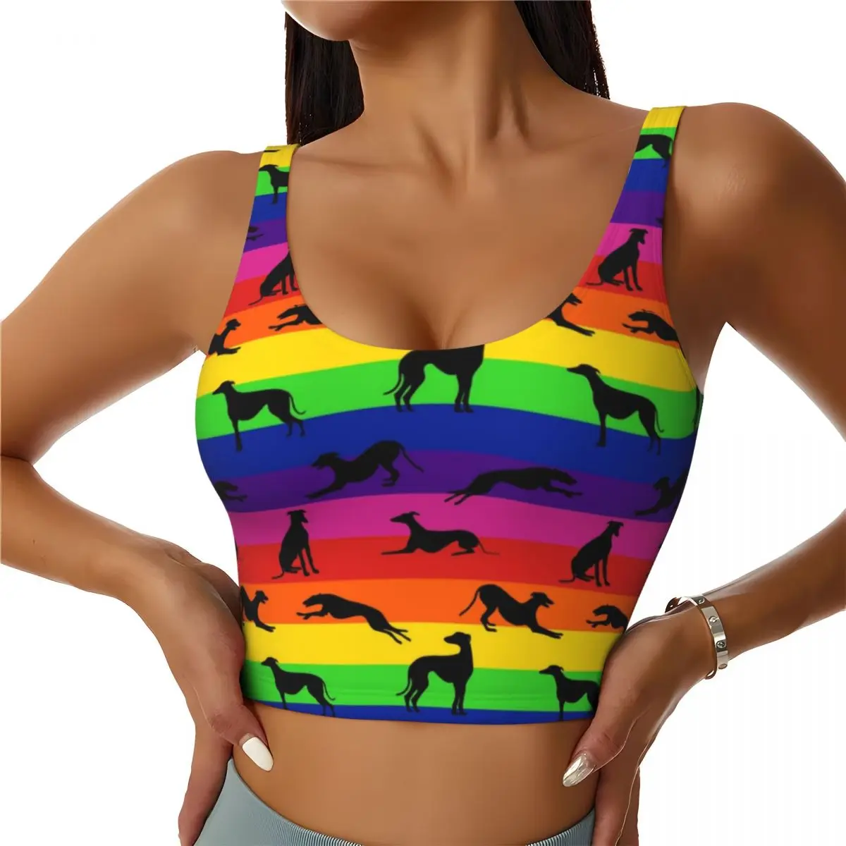 

Custom Greyt Greyhound Rainbow High Impact Sports Bras Women Whippet Sighthound Dog Seamless Workout Running Crop Tank Tops