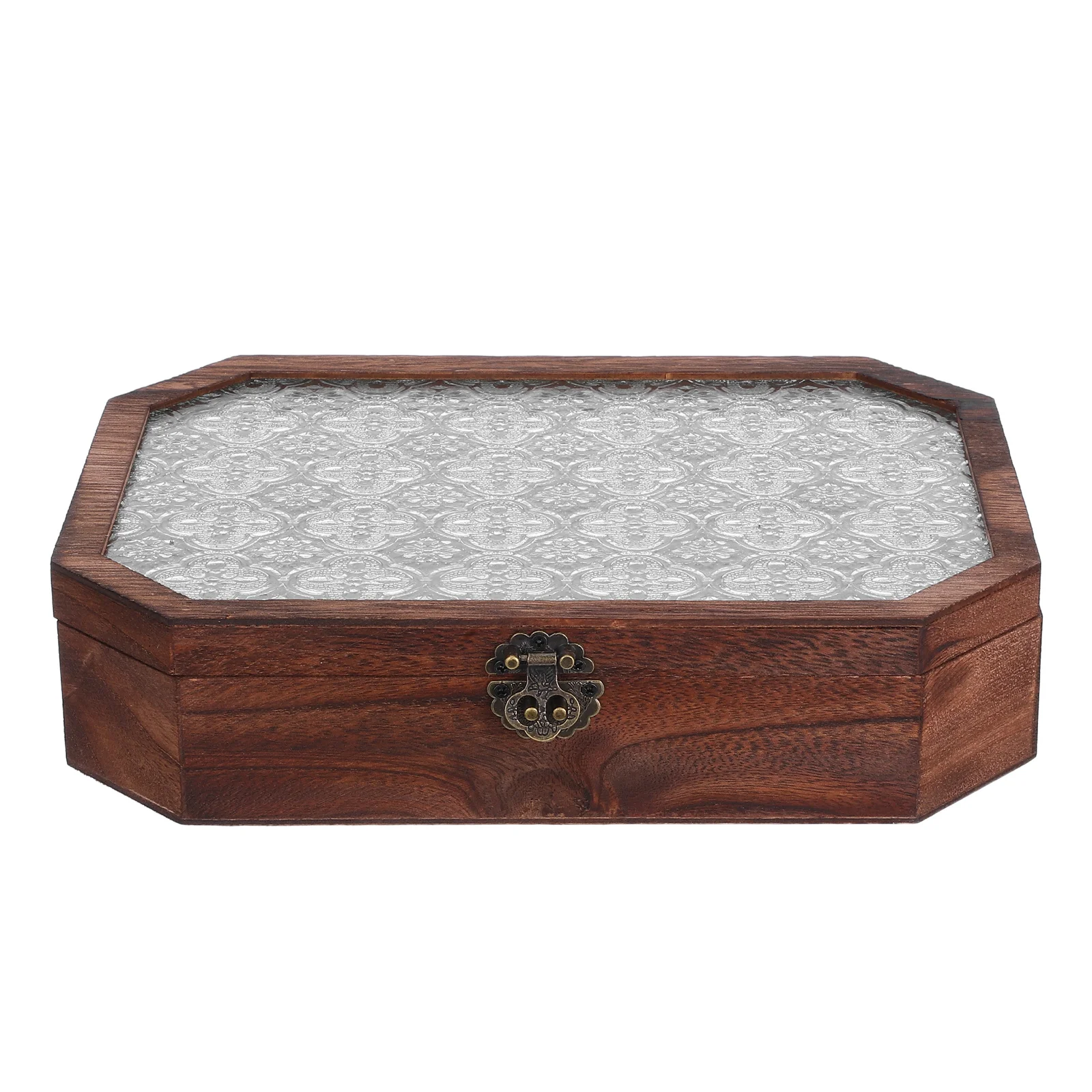 

Wooden Storage Cabinet Retro Floral Pattern Drawers Glass Top Keepsake Organizer Tea Bag Display Desktop Box Specimen Box