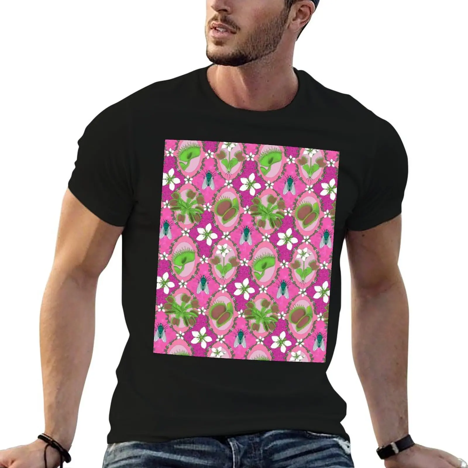 Pink Sparkle Flytrap Motif T-Shirt oversized Clothing t shirt men