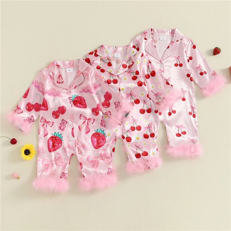 

Осенние модные атласные пижамы для маленьких девочек с длинными рукавами и отложным воротником, одежда для сна с меховыми манжетами и принтом вишни