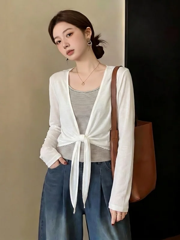 Women's Striped Tank Top Cardigan Outerwear Summer New plus Size Sun Protection Two-Piece Set Korean Style Loose Fit Long Sleeve