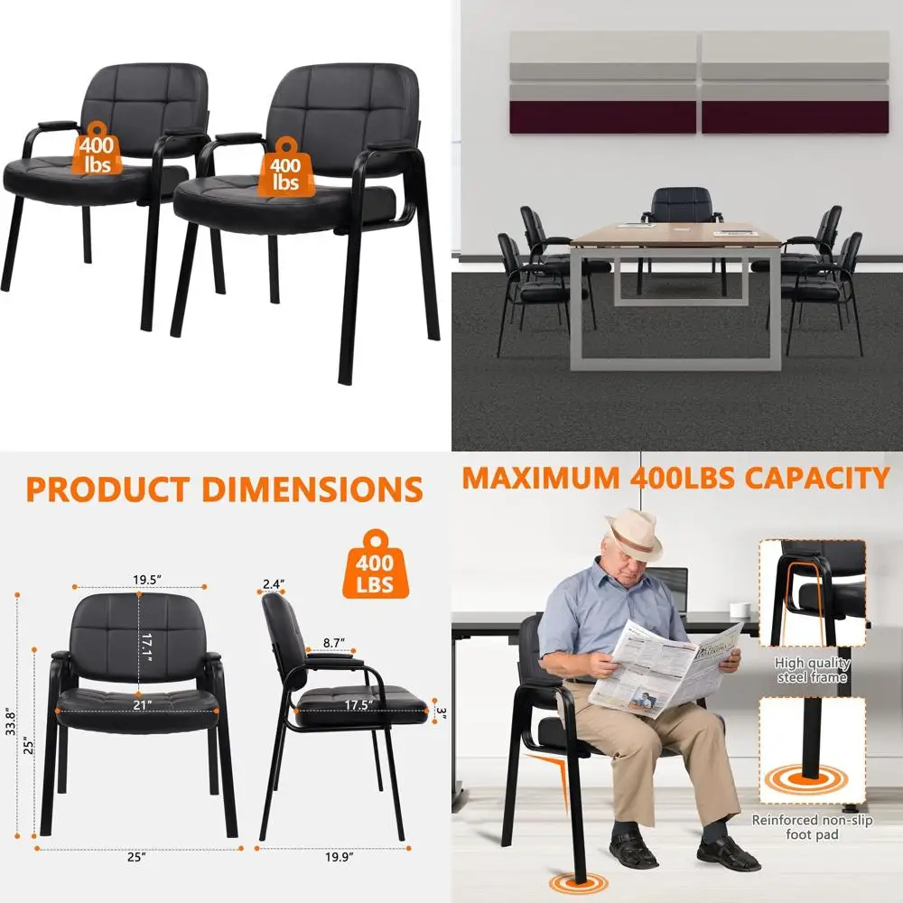 

Черные кожаные офисные стулья с мягкими подлокотниками, 2 шт., идеально подходят для залов ожидания, конференц-залов, домов для пожилых людей и лобби