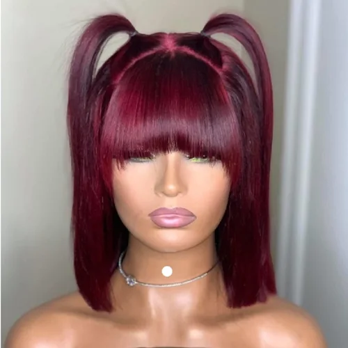 Peluca recta 99J Bob con flequillo, cabello humano completamente hecho a máquina, desgaste y flecos Go, corte Romo, Bob corto, pelucas sin pegamento, cabello brasileño