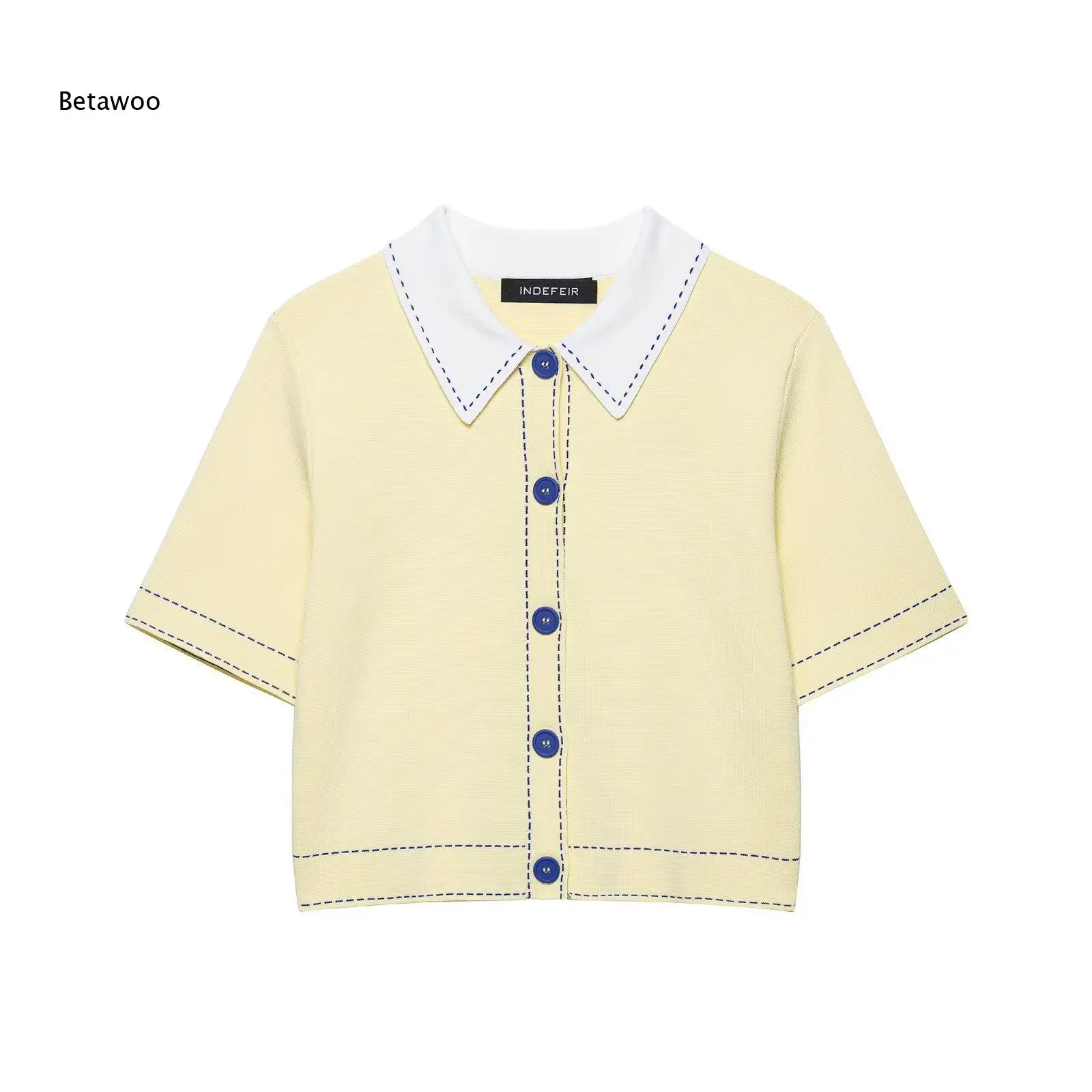 Women's Contrast Stitch Collar Button Front Short Sleeve Cropped Blouse