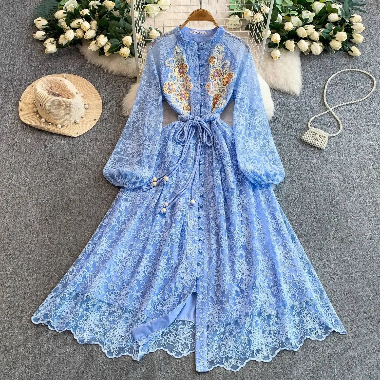 

Шикарная винтажная вышитая блестками с длинными рукавами, тонкая элегантная фея, корейская модная женская одежда, длинное платье